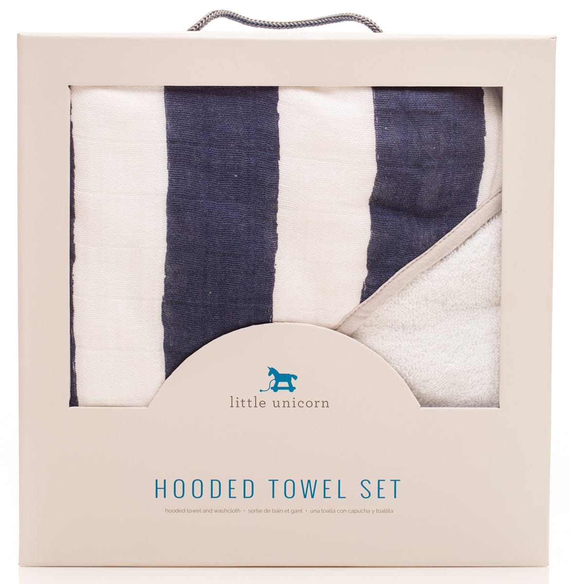 Little Unicorn Cotton Hooded Towel & Washcloth - Navy Stripe - UH0003