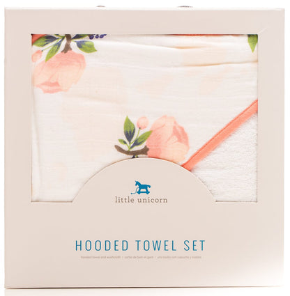 Little Unicorn Cotton Hooded Towel & Washcloth - Watercolor Rose - UH0001