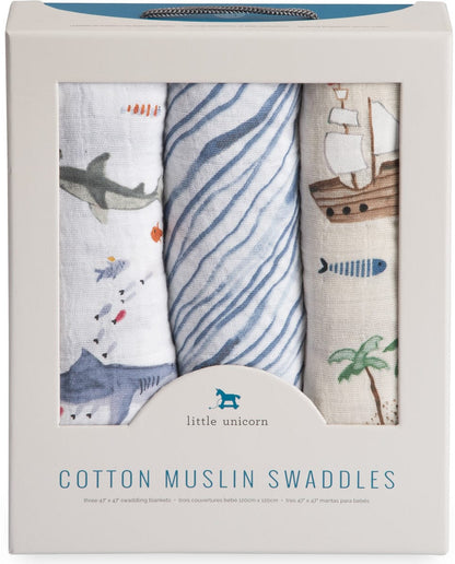 Little Unicorn Cotton Muslin Swaddle 3-Pack - Shark - UB0023