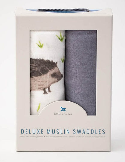 Little Unicorn Deluxe Muslin Swaddle 2 Pack - Charcoal Hedgehog Set