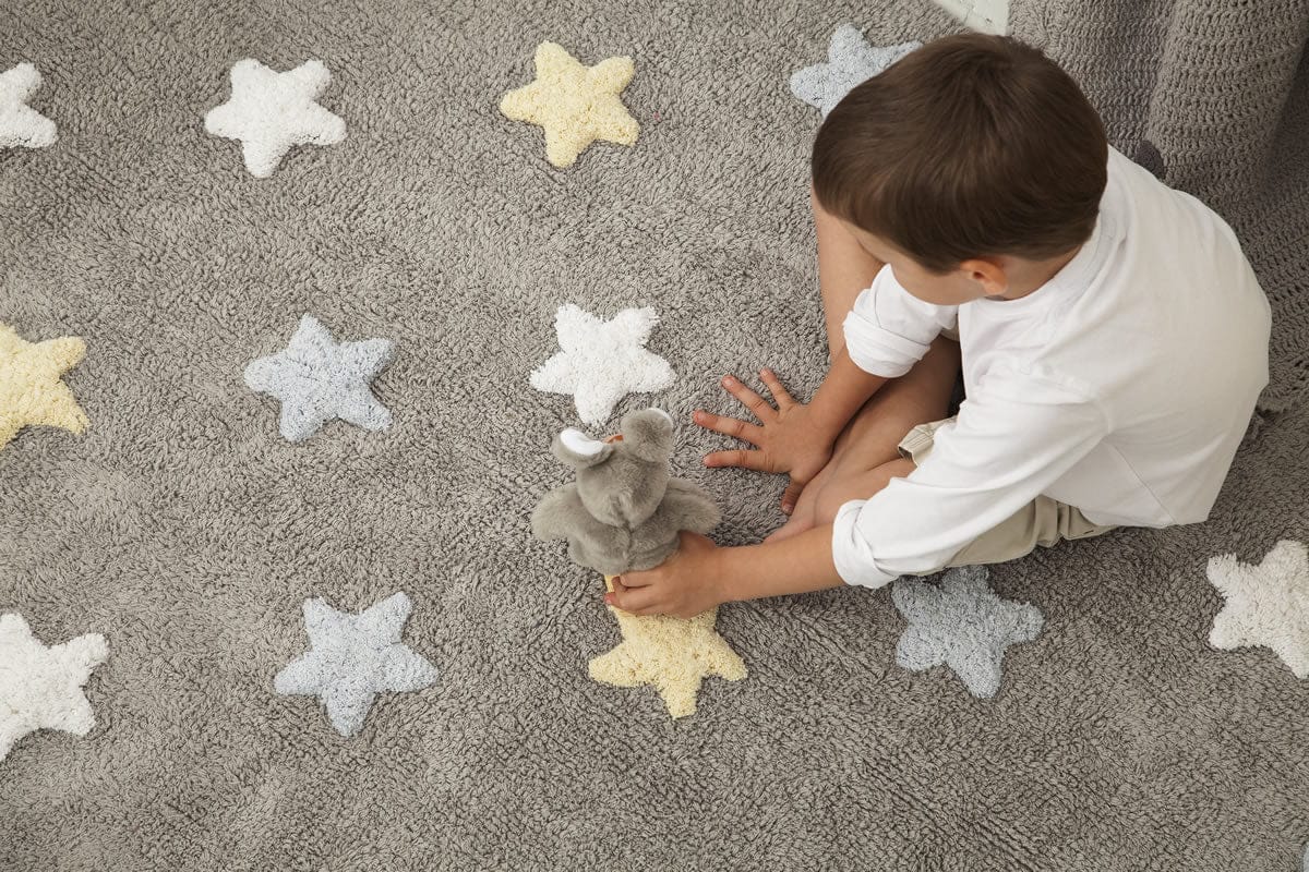 Lorena Canals Tricolor Stars Rug - Grey/Blue (4' x 5' 3") - C-ST-B