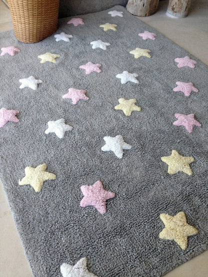 Lorena Canals Tricolor Stars Rug - Grey/Pink (4' x 5' 3") - C-ST-P
