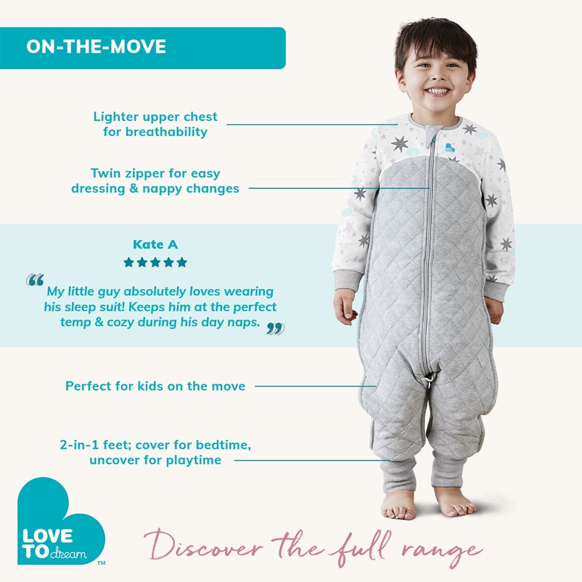 Love To Dream Sleep Suit Quilted Cotton 2.5 TOG, 12-24 M - Moonlight Dusty Pink - L40-29-266-DPK-12-24M