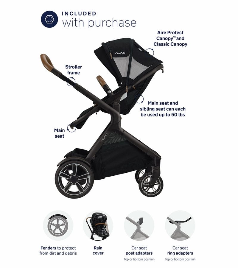 Nuna DEMI Grow + PIPA Lite RX Twin Travel System with Aire Protect Canopy + Classic Canopy - Hazelwood / Caviar - TWIN-ST08122HAZ-CF10208600CVR