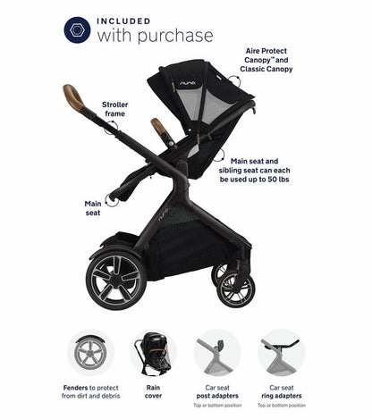 Nuna DEMI Grow + PIPA RX Twin Travel System with Aire Protect Canopy + Classic Canopy - Hazelwood / Caviar - TWIN-ST08122HAZ-CF12508600CVR