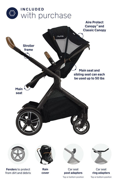 Nuna DEMI Grow Double Stroller with Aire Protect Canopy + Classic Canopy - Caviar