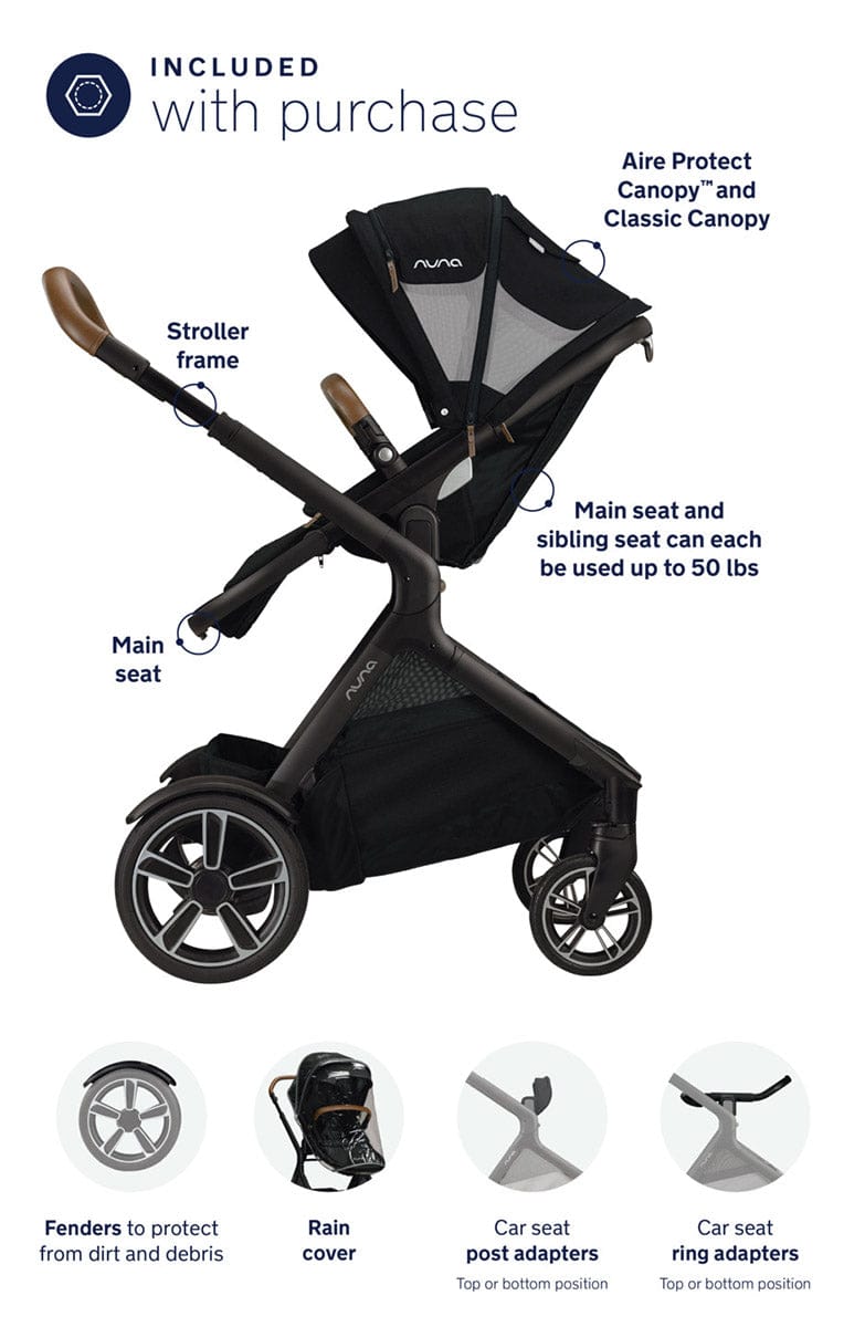 Nuna DEMI Grow Single-to-Double Stroller with Aire Protect Canopy + Classic Canopy - Caviar - ST08120CVR