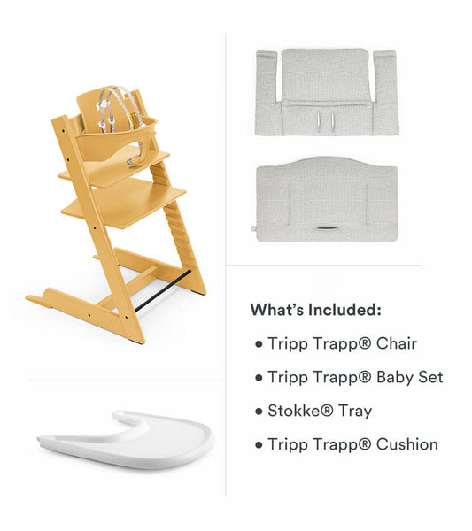 Tripp Trapp High Chair and Cushion with Stokke Tray Bundle - Sunflower Yellow / Nordic Grey / White