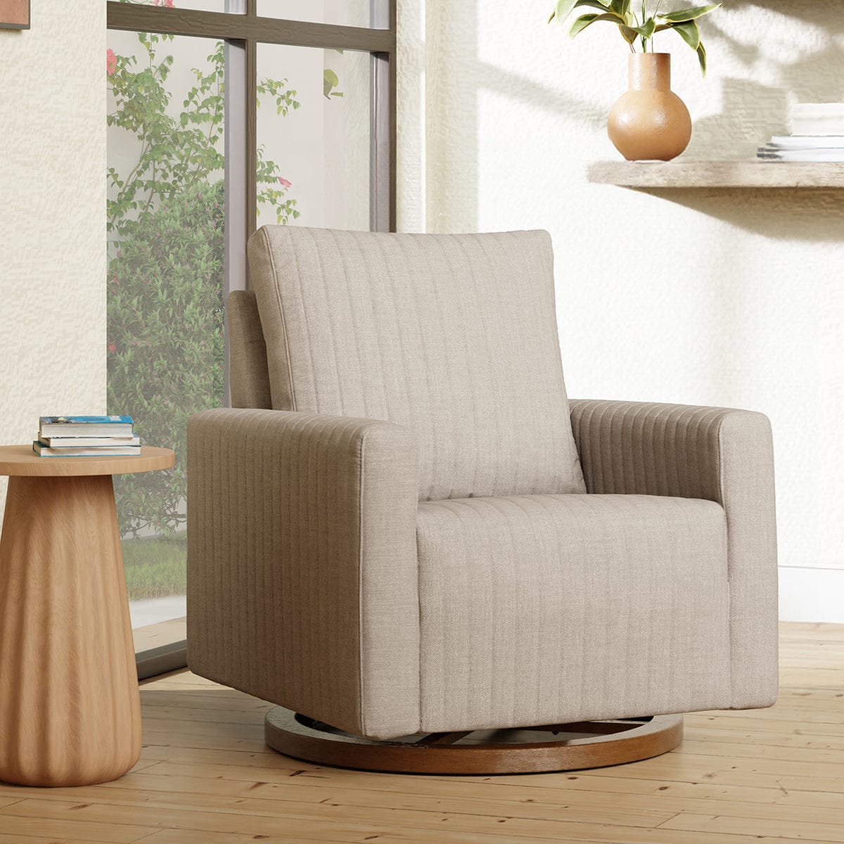 Babyletto Poe Channeled Swivel Glider - Performance Beach Eco-Weave w/ Dark Wood Base - M26687PBEWDB