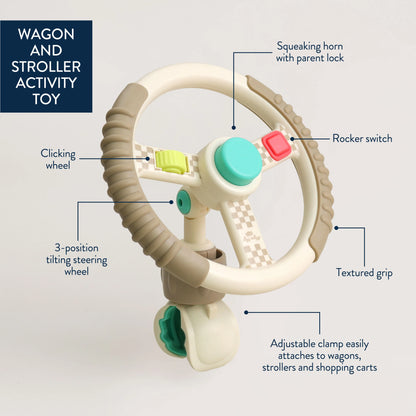 Itzy Ritzy wagon and stroller activity toy steering wheel with labeled features and adjustable clamp