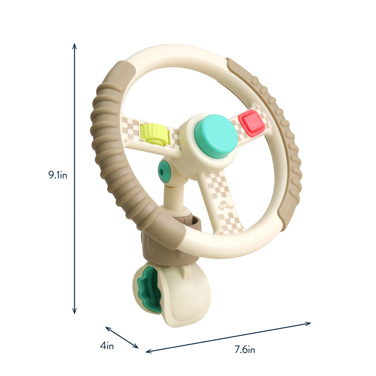 Itzy Ritzy toy steering wheel with dimensions labeled 9.1 inches high 4 inches deep and 7.6 inches wide