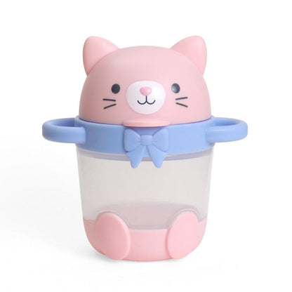 Itzy Ritzy pink cat snack container with blue handles and bow
