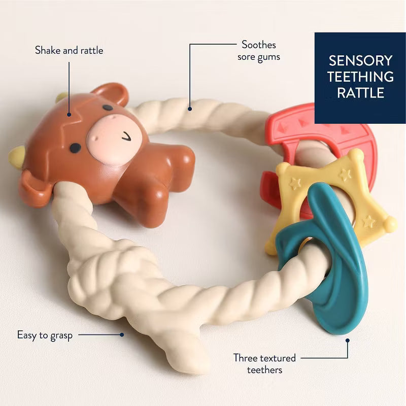 Itzy Ritzy sensory teething rattle with bear character and textured rings