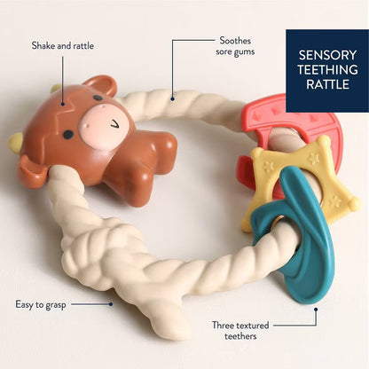 Itzy Ritzy sensory teething rattle with bear character and textured rings