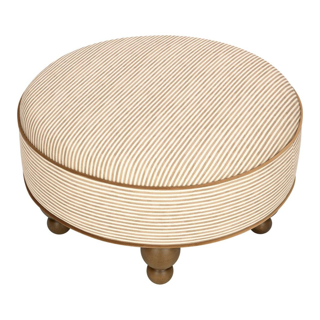 Babyletto round ottoman with beige and white striped fabric and wooden feet