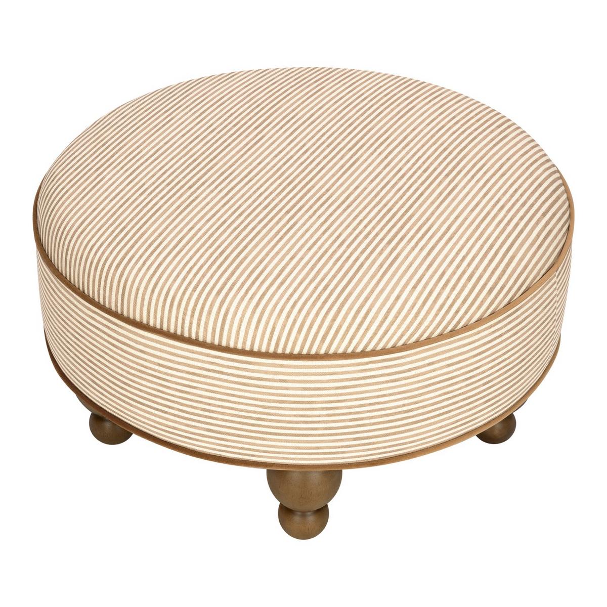 Babyletto round ottoman with beige and white striped fabric and wooden feet