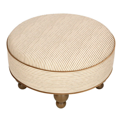 Babyletto round ottoman with beige and white striped fabric and wooden feet