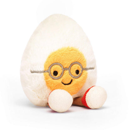 Jellycat plush hard boiled egg with embroidered glasses and small legs