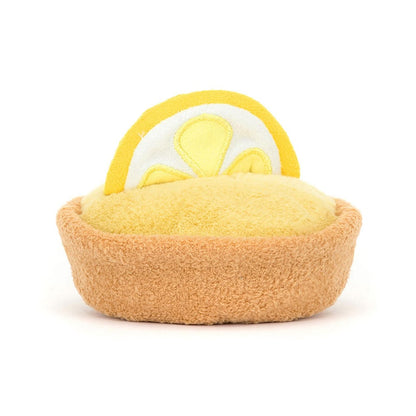 Jellycat plush lemon tart with a soft tan crust and yellow filling topped with a lemon slice