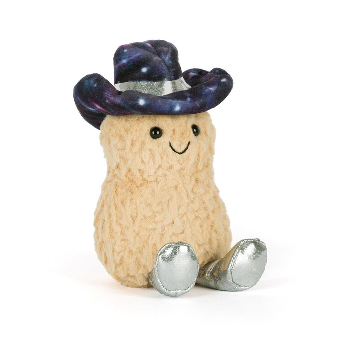 Jellycat plush peanut toy wearing a galaxy print cowboy hat and silver boots