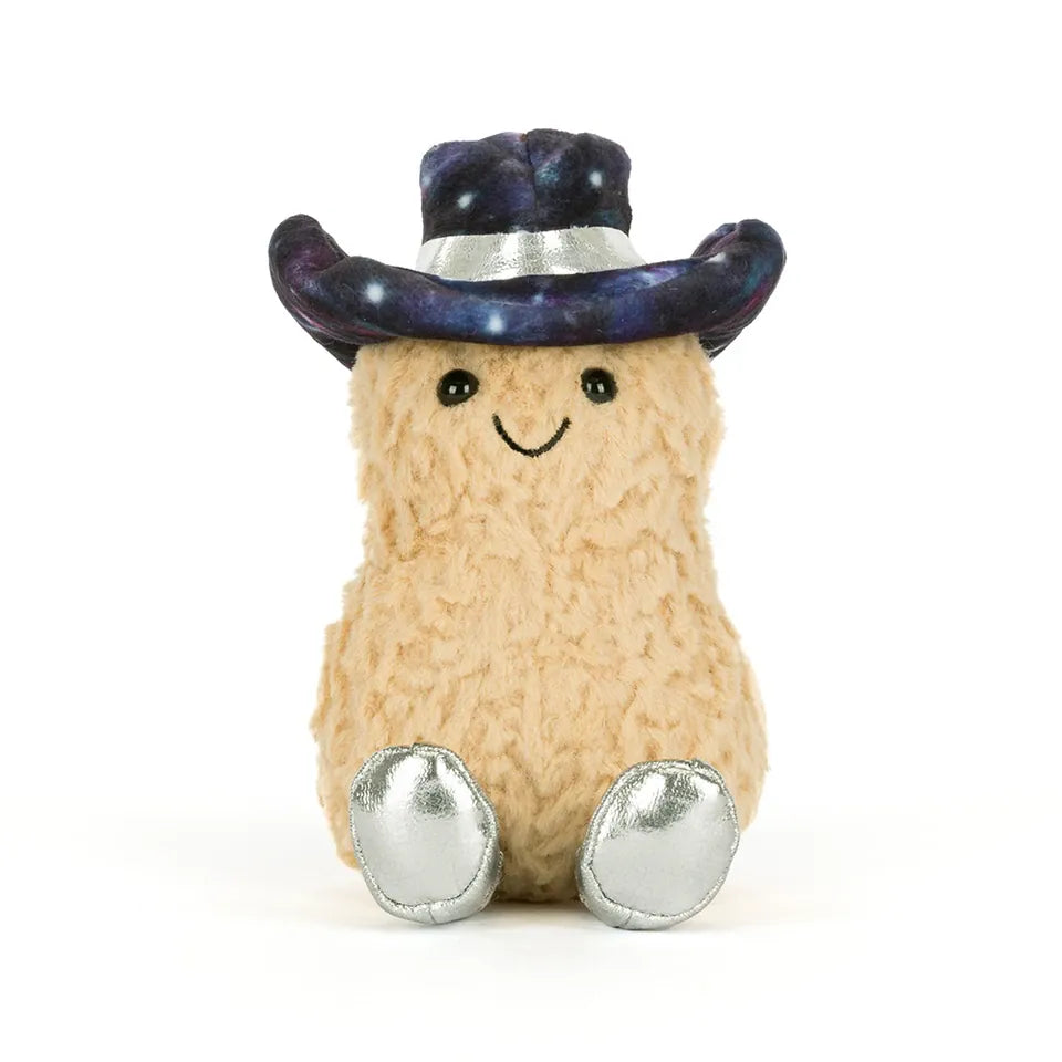 Jellycat plush peanut wearing a galaxy print cowboy hat and silver boots
