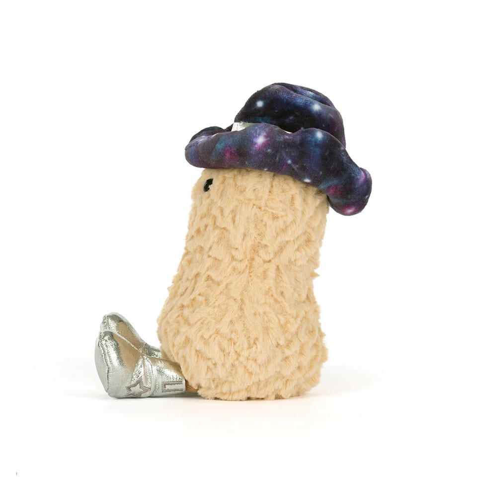 Jellycat plush peanut character wearing a galaxy print hat and silver boots