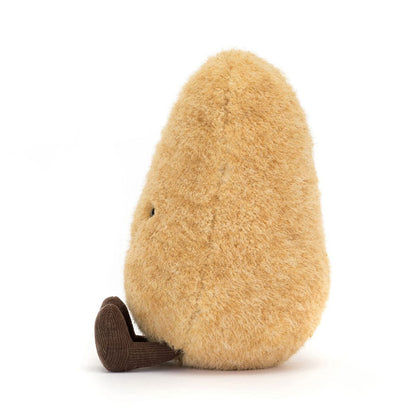 Jellycat plush toy shaped like a tan fuzzy potato with small brown corduroy feet
