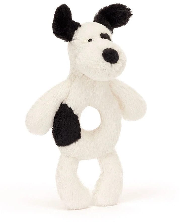 Jellycat Bashful Black & Cream Puppy Ring Rattle, 7" - BRR4BCP