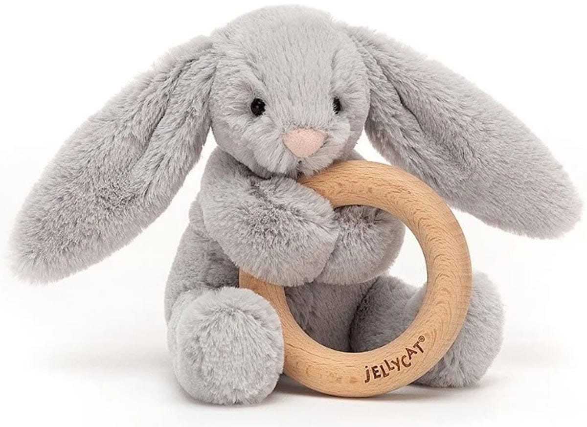 Jellycat Bashful Grey Bunny Wooden Ring Toy - BAS4WBGN