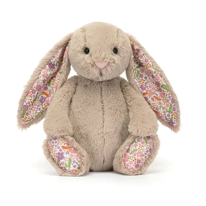 Jellycat beige plush bunny with floral print on ears and feet