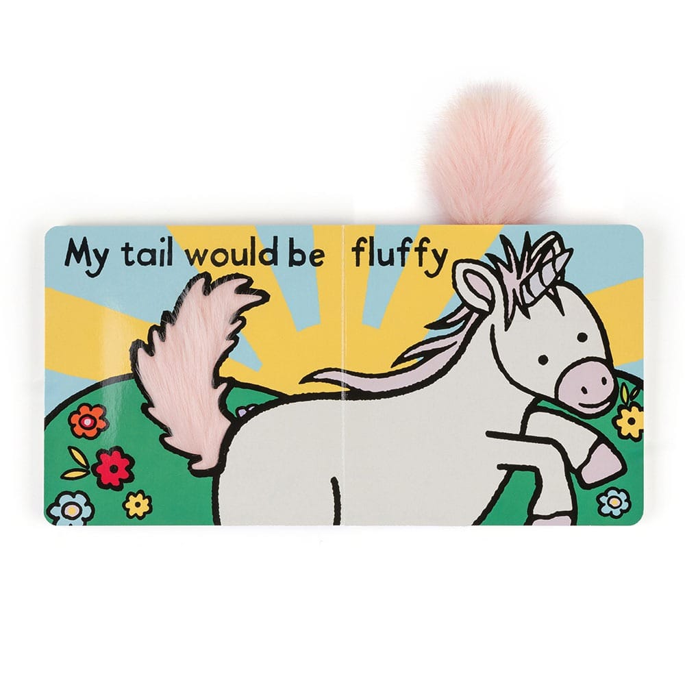 Open board book page featuring a unicorn illustration with a textured pink faux fur tail