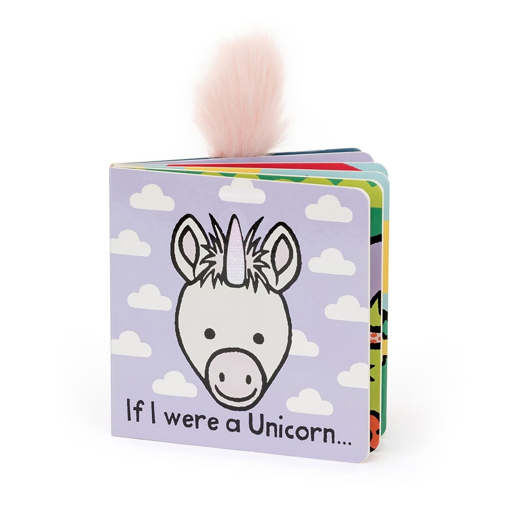Jellycat If I Were a Unicorn board book with a pink faux fur horn