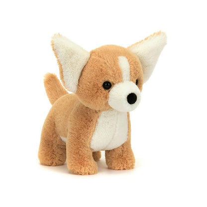 Jellycat plush corgi dog with tan and white fur and large pointed ears