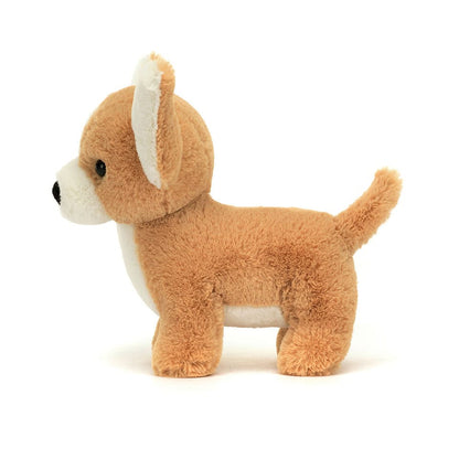 Tan and white plush corgi dog toy standing in profile