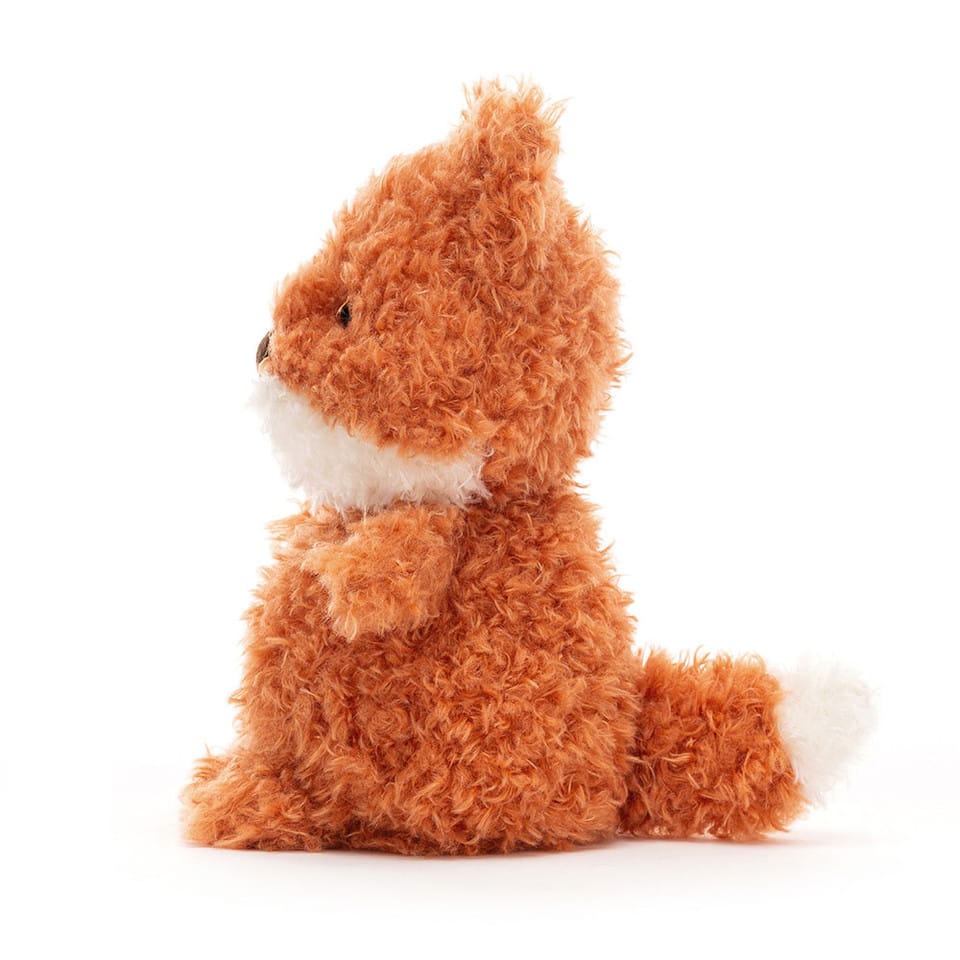 Jellycat plush fox with orange textured fur and white chest and tail tip