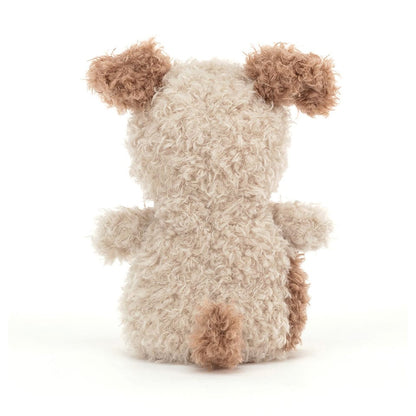 Back view of a Jellycat plush dog with cream and brown curly fur