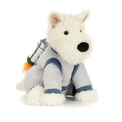Jellycat plush white Westie dog wearing a grey space suit with a silver jetpack