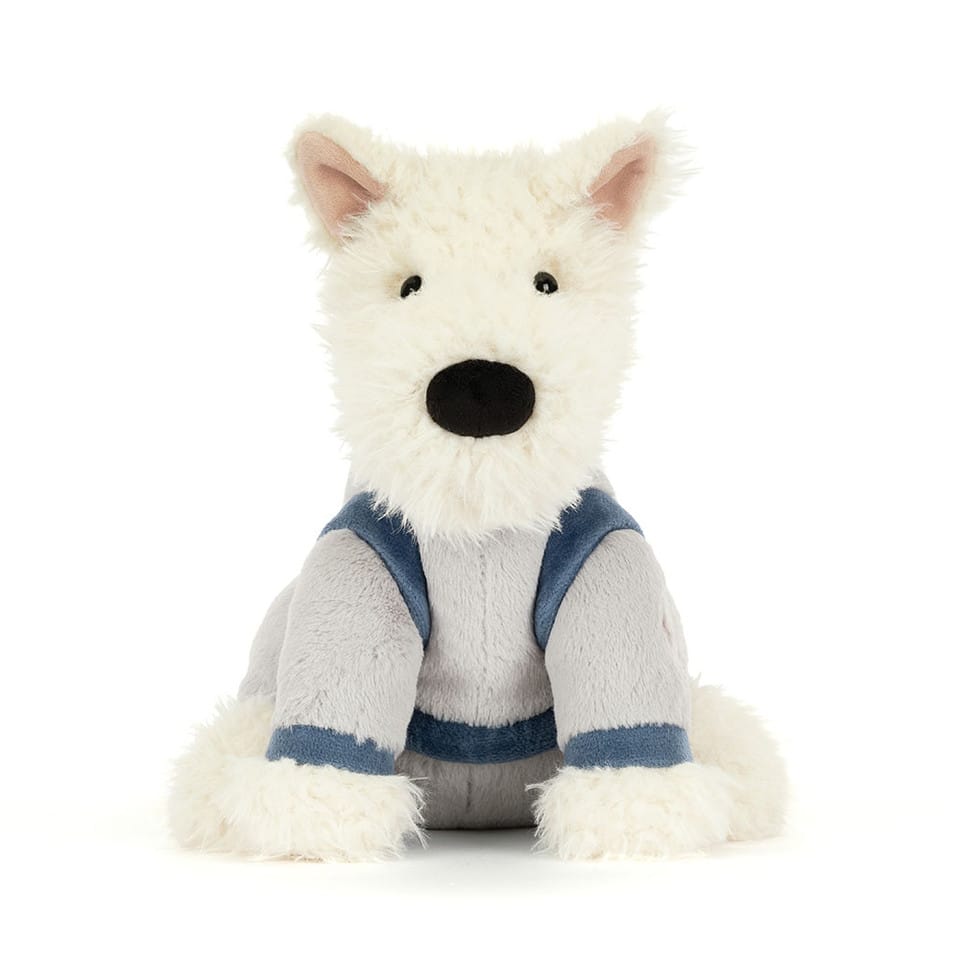 Jellycat plush white Westie dog wearing a grey and blue sweater