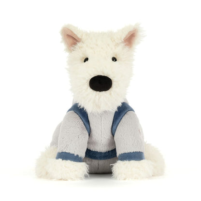 Jellycat plush white Westie dog wearing a grey and blue sweater