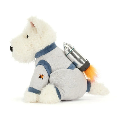 Jellycat plush white dog wearing a grey space suit with a silver rocket backpack