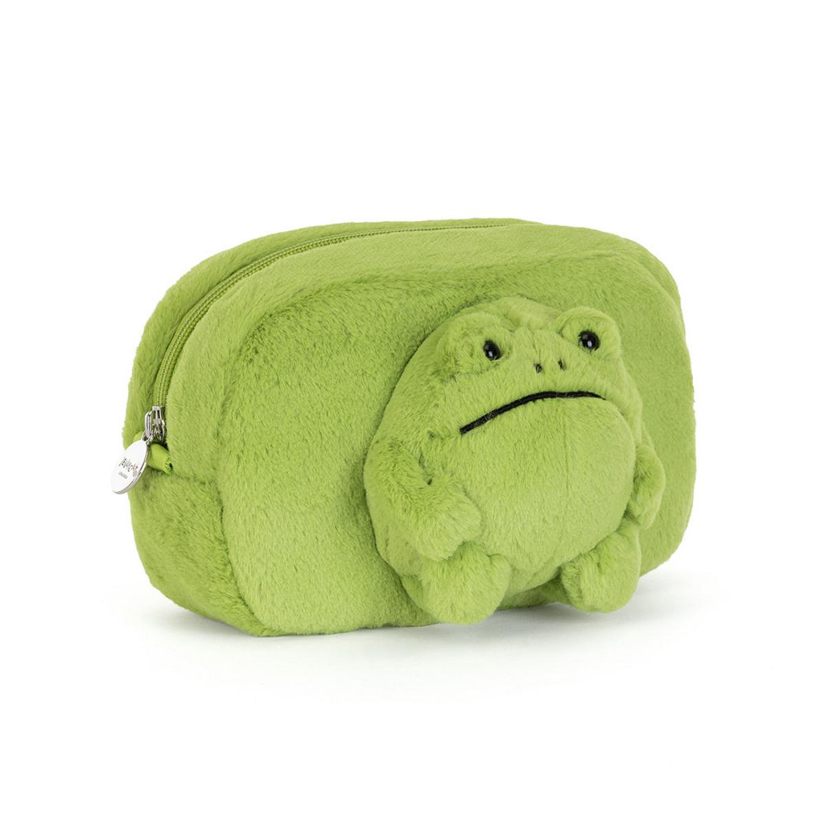 Green plush Jellycat frog pouch with zipper closure