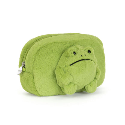 Green plush Jellycat frog pouch with zipper closure