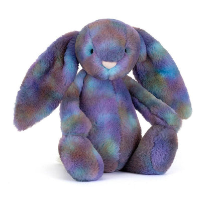 Jellycat Bashful bunny plush toy with purple and blue tie dye fur