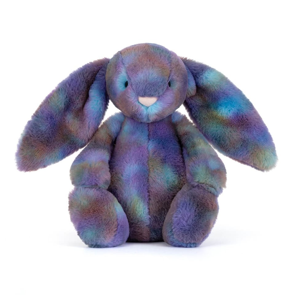 Jellycat Bashful Bunny plush toy with purple and teal tie dye fur