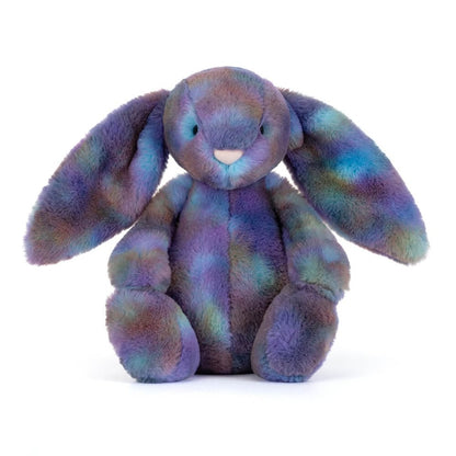Jellycat Bashful Bunny plush toy with purple and teal tie dye fur