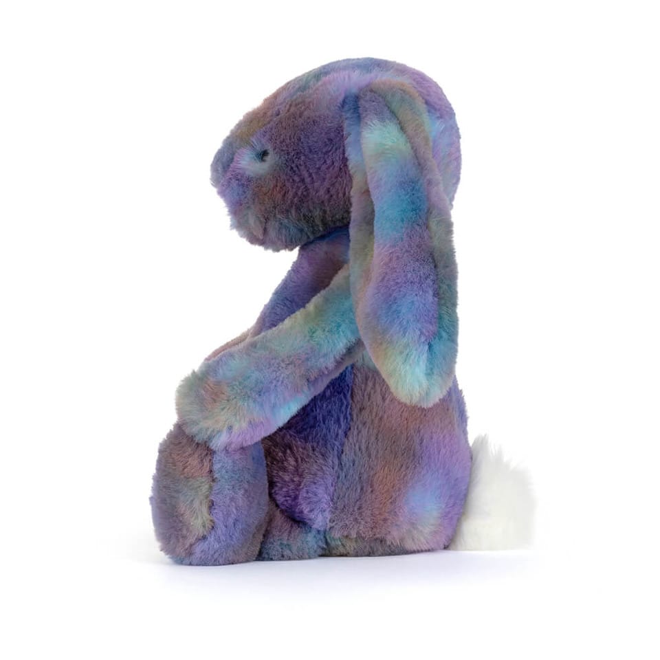 Jellycat plush bunny with multicolored tie dye fur and a white tail