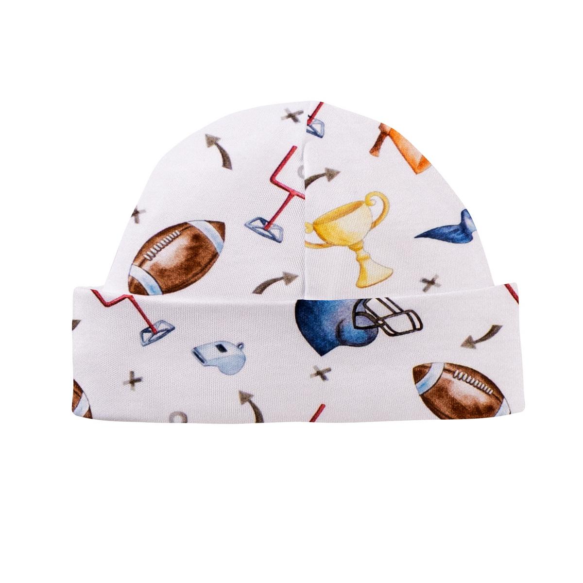 Baby Club Chic white beanie with football themed print including helmets trophies and balls