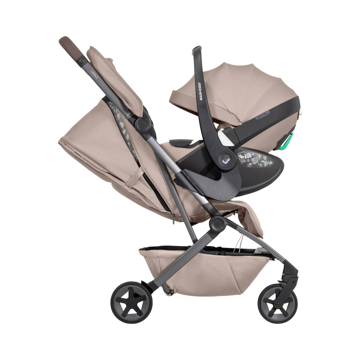 Joolz Aer stroller with attached Maxi-Cosi car seat in beige