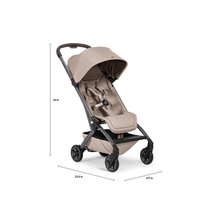 Joolz Aer stroller in beige with height width and depth dimensions labeled in inches