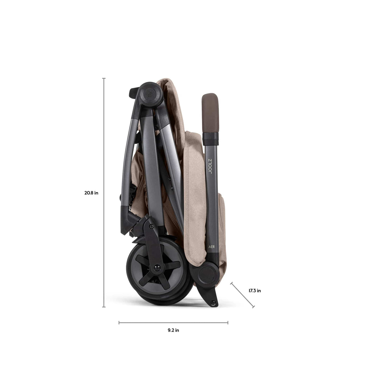 Joolz Aer folded stroller side view with height width and depth dimensions in inches